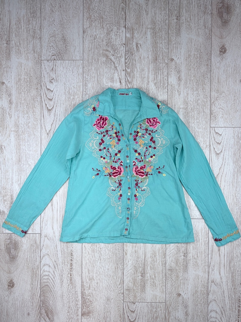 Johnny Was Turquoise Embroidered Button-Down Shirt